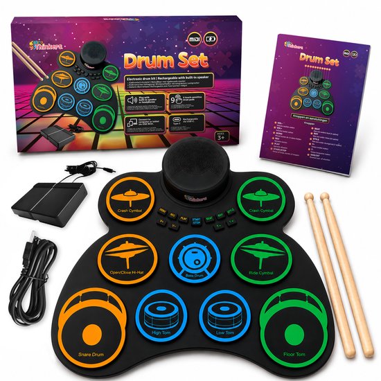 Elektrisch Drumstel voor Kinderen – Volwassenen – Oprolbaar Elektronisch Drumstel met 9 Drumpads – Inclusief Drumsticks, Voetpedalen, Speaker – Oplaadbaar Muziek Speelgoed