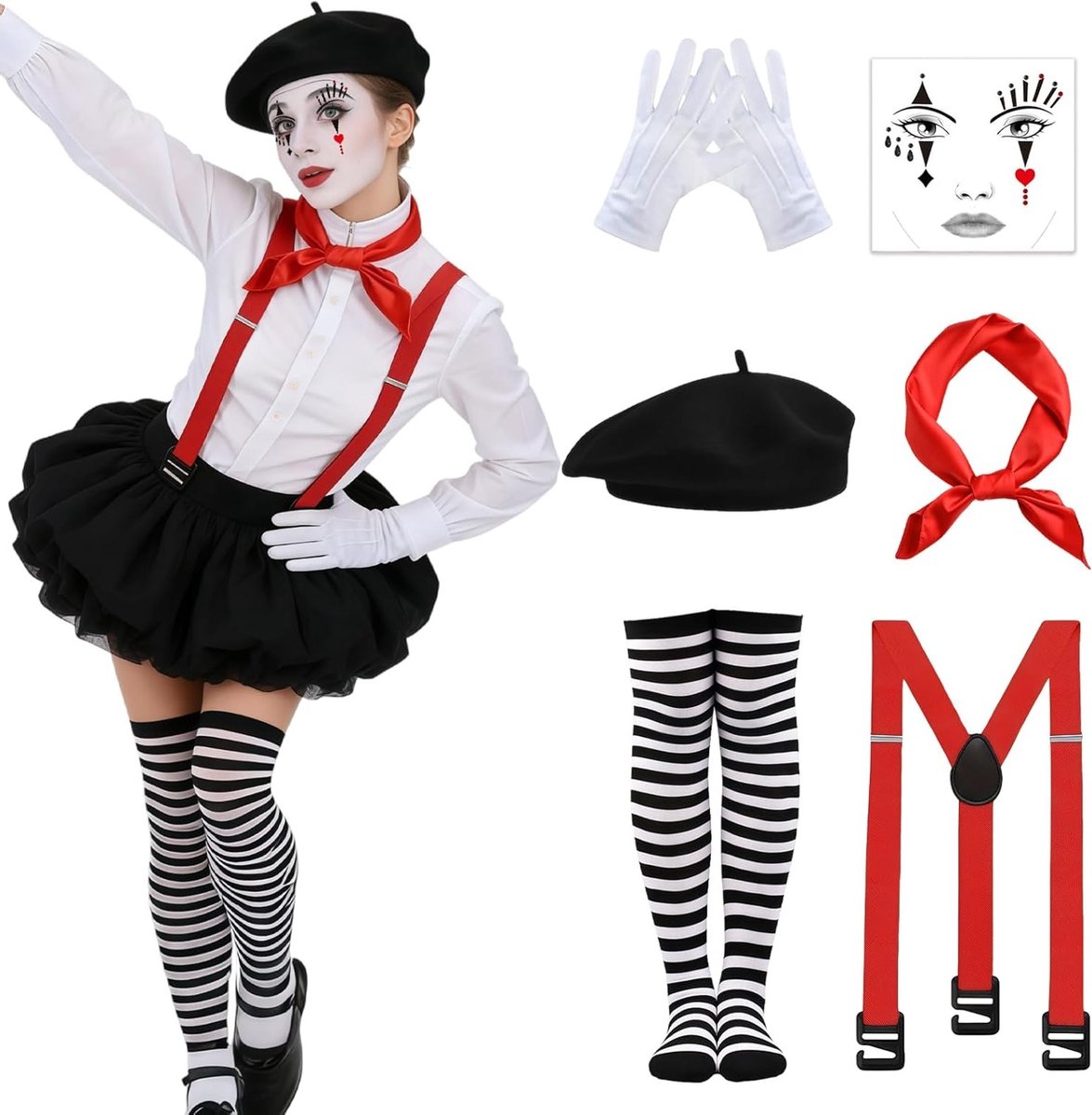 Frans mime-kostuum voor dames en heren met accessoires voor carnaval en Halloween, feestoutfit en pantomime-theater