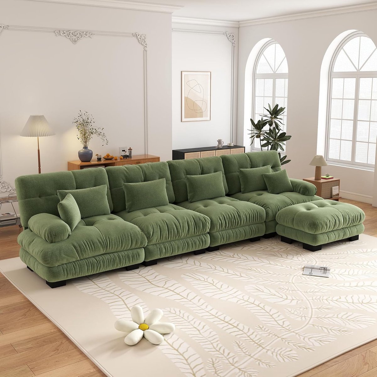 4-Zits Bank, L-Bank, Modulaire Hoekbank, L-vormige Bankstel voor de Woonkamer, Comfortabele 4-zitsbank met Verplaatsbare Poef, Doe-het-zelf Combinatie, Chenille-Groente