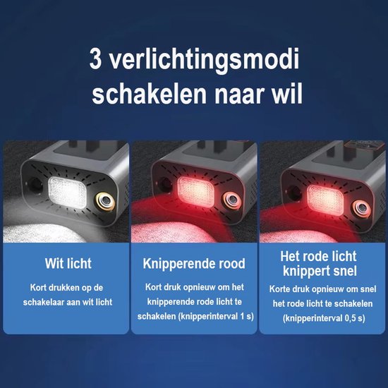 EAFC Elektrische Fietspomp - Luchtcompressor - 4500 mAh Powerbank - Compressor - Bandenpomp Auto - Elektrische Bandenpomp - Luchtpomp - Universeel - Oplaadbaar & 12V - 35l/min - SOS Lamp - Noodpakket - Incl. Hoes — afbeelding 4
