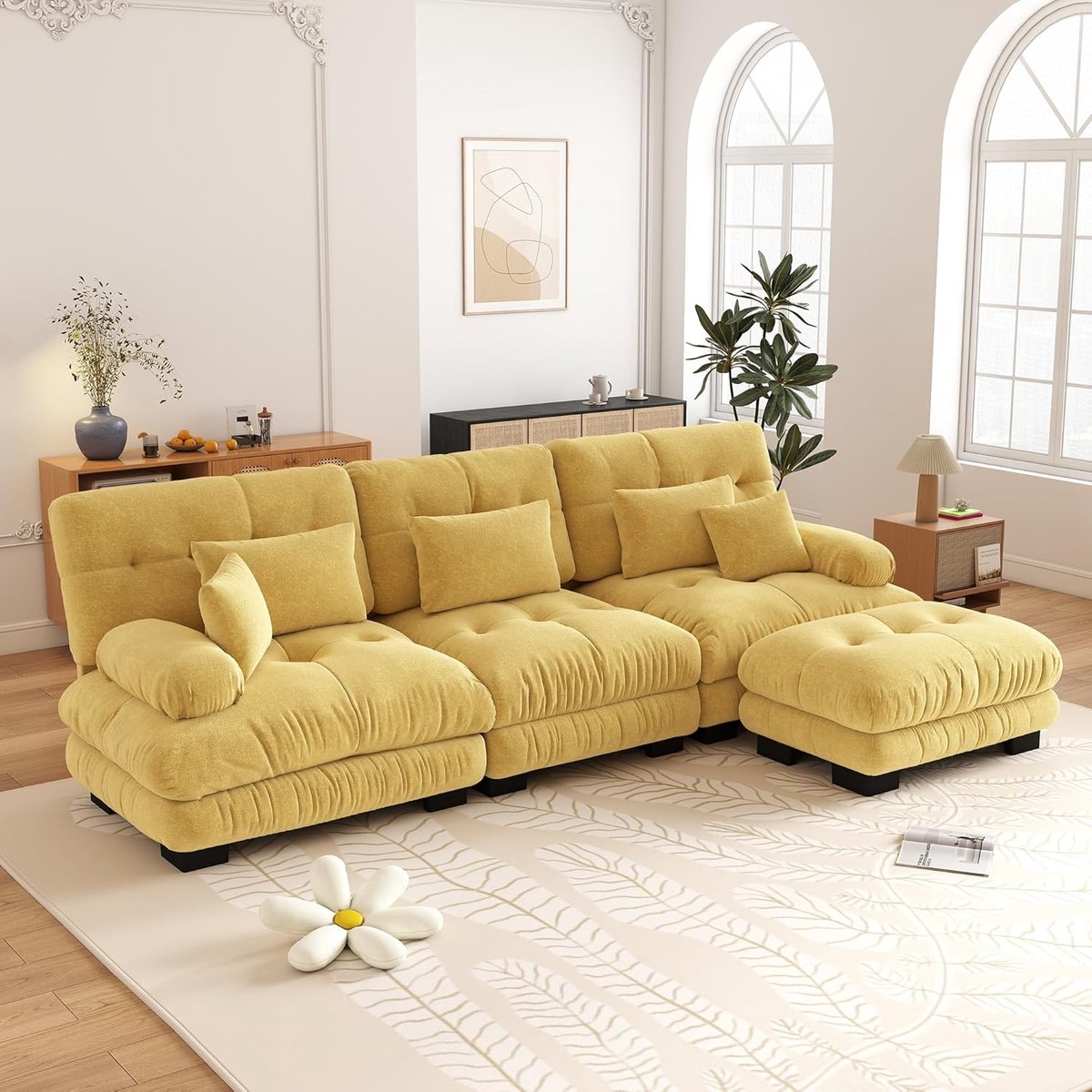 Zubaliya 3-Zits Bank, L-Bank, Luxe Modulaire Hoekbank - Extra Grote L-vormige 'cloud' Bank voor de Woonkamer, Diepe Slaapbank met Voetenbank, Hoekslaapbank, Corduroy, Chenille Bruin, Comfortabele Woonbank-Geel