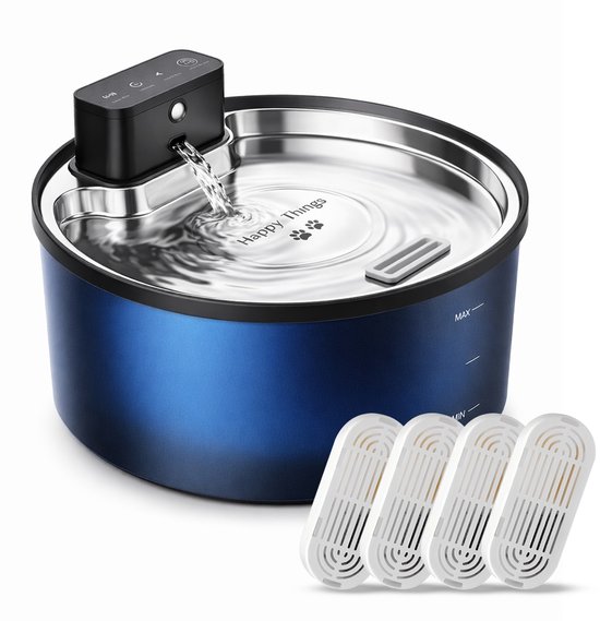 Happy Things Drinkfontein Kat en Hond XL - Incl. 2 Filters– Kattenfontein - 3L – Waterfontein Kat – Geruisloos – Zwart met Zilver