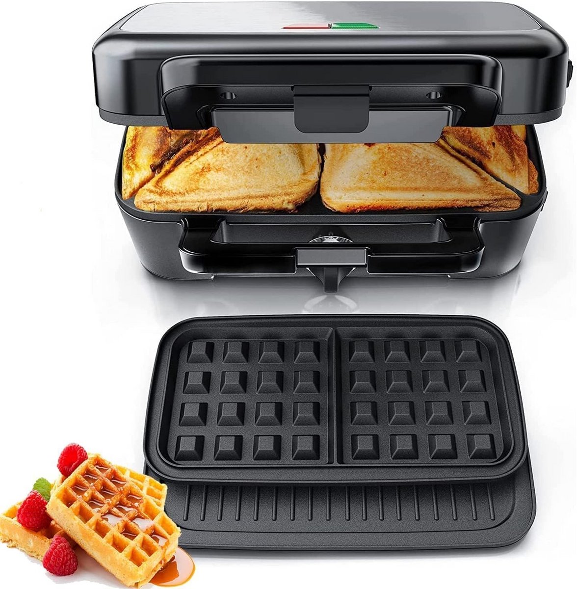 Croque Monsieur-machine, 3-in-1 multifunctioneel wafelijzer 1200 W, temperatuurregeling met 5 snelheden, panini-maker met antiaanbaklaag en verwijderbare plaat, snel opwarmen, verticale opslag, zwart