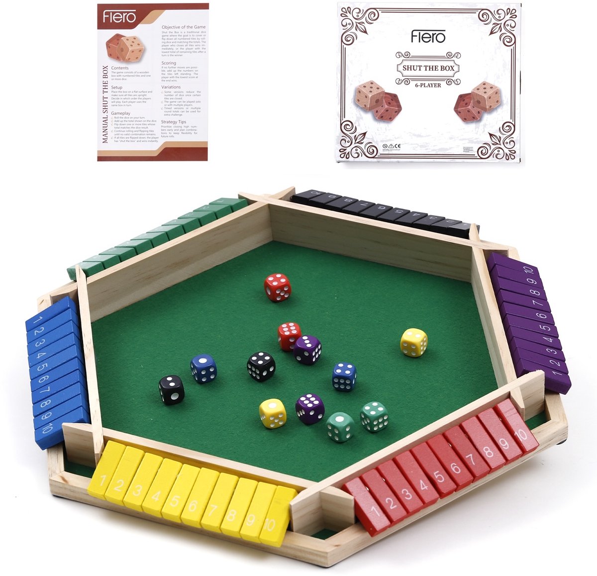 Flero Shut The Box, Houten Dobbelspel, Klepspel - 6 Spelers Familie Bordspel met 12 Dobbelstenen en 6-zijdig Speelbord - Montessori Tactiek- en Rekenspel voor Grote Groepen, Klassen en Feestjes vanaf 3 Jaar (Meerdere Kleuren))