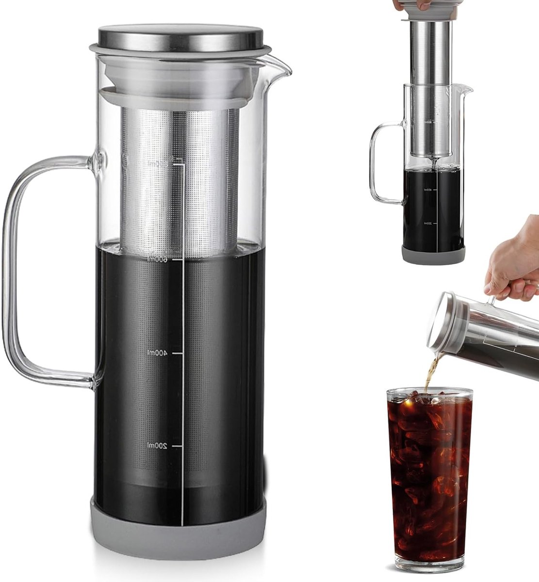 Koffiezetapparaat voor Cold Brew RVS Filters Glazen Carafe met Tuit Ideaal voor Iced Coffee en Iced Tea
