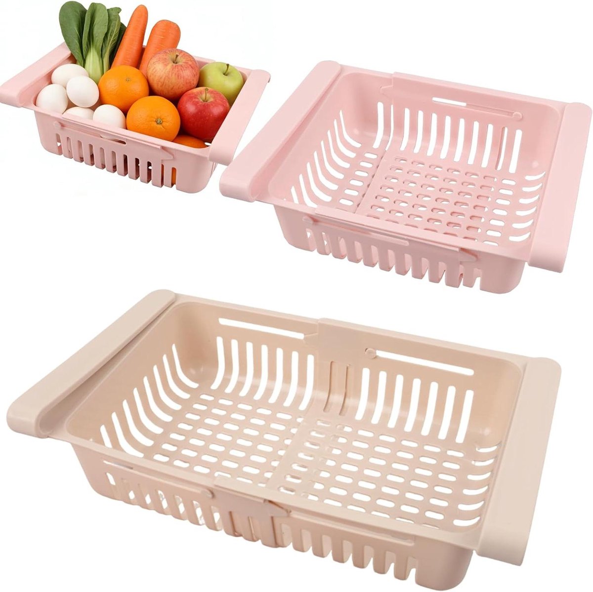 Koelkast Lades - Keuken Organizer - Voedsel Opslag - Uitschuifbaar Ontwerp - 2 Stuks - Roze Abrikoos