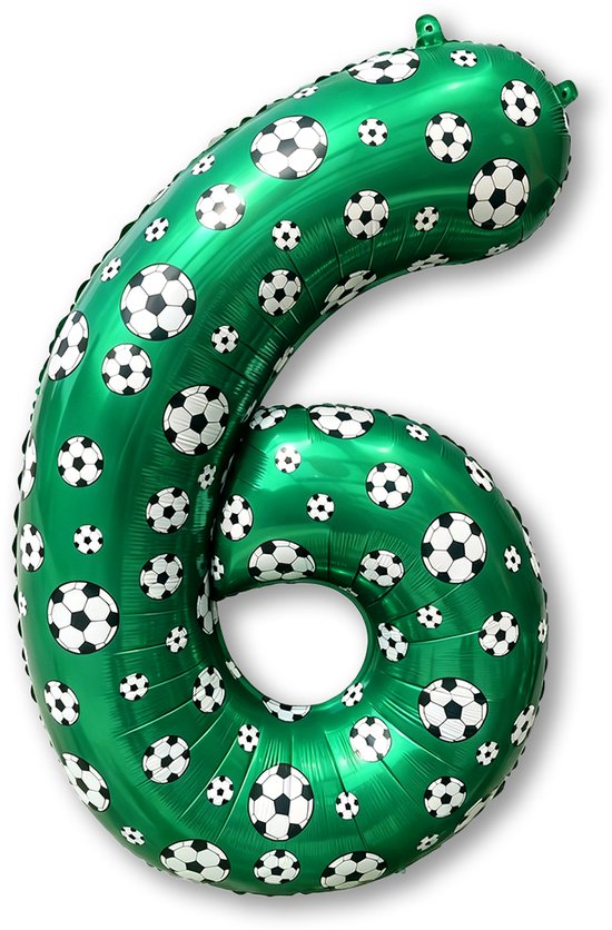 Groene cijfer 6 ballon met voetbalprint.