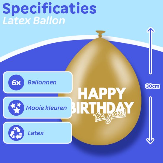 Gouden latex ballon van 30cm hoog met de tekst 'Happy Birthday to you!'. Specificaties: 6x Ballonnen, Mooie kleuren, Latex.