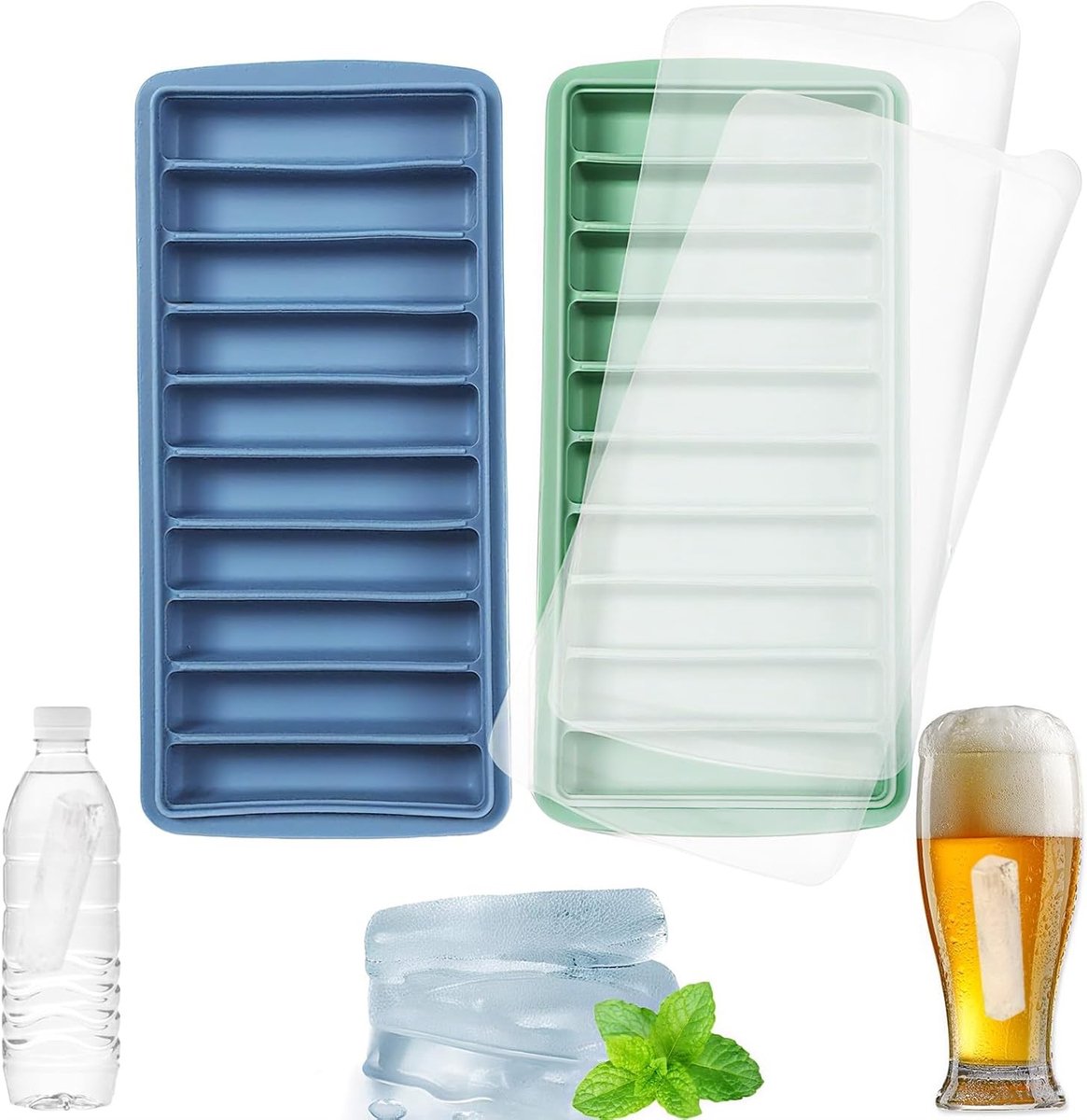 Set van 2 Siliconen IJsblokjesvormen met Deksel - Ideaal voor Vrijstaande IJsblokjes, Koeldrankjes en Whiskey, Geschikt voor de Vriezer en Sportflessen, 23 x 11 x 2.5 cm