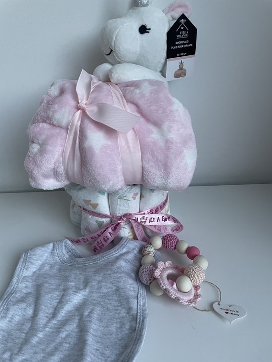 Luiertaart | Meisjes | Unicorn | Handgemaakte bijtring | Knuffel met deken | Slabbetje | Pampers luiers | Kraamcadeau | Babyshower | Maminobaby.nl | — afbeelding 3