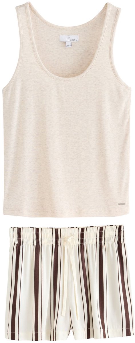 Next - Dames - Studio pyjama van geribbeld hemdje met racerback en short - Crème