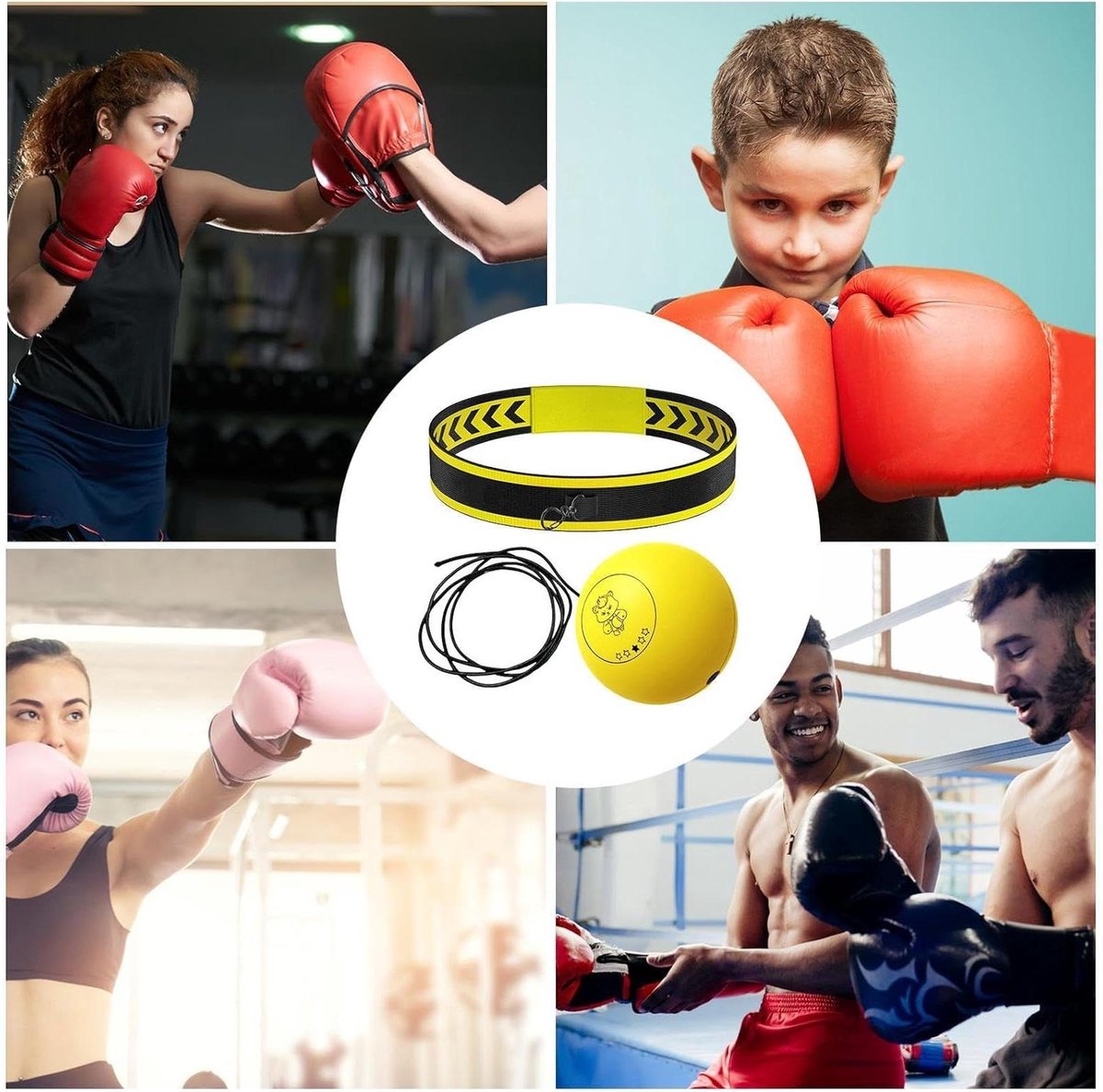 Boks Reflexbal Hoofdband - Coördinatie Trainer - Hand Oog Training - Veelzijdig Leuk Effectief - Verstelbaar - Geel
