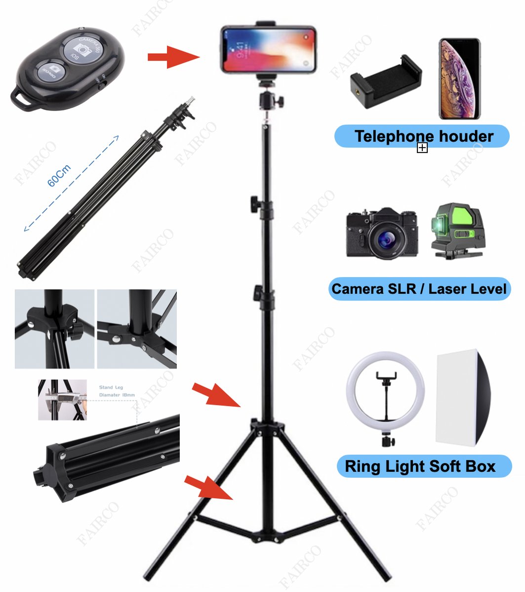 Light Stand Statief 180Cm Voor Fotocamera en Smartphone – Spiegelreflexcamera – Studiolamp Inclusief Telefoonhouder, 360 ° Mini Bal Head - Tripod - Smartphone Statief - Camerastatief - HiCHi®