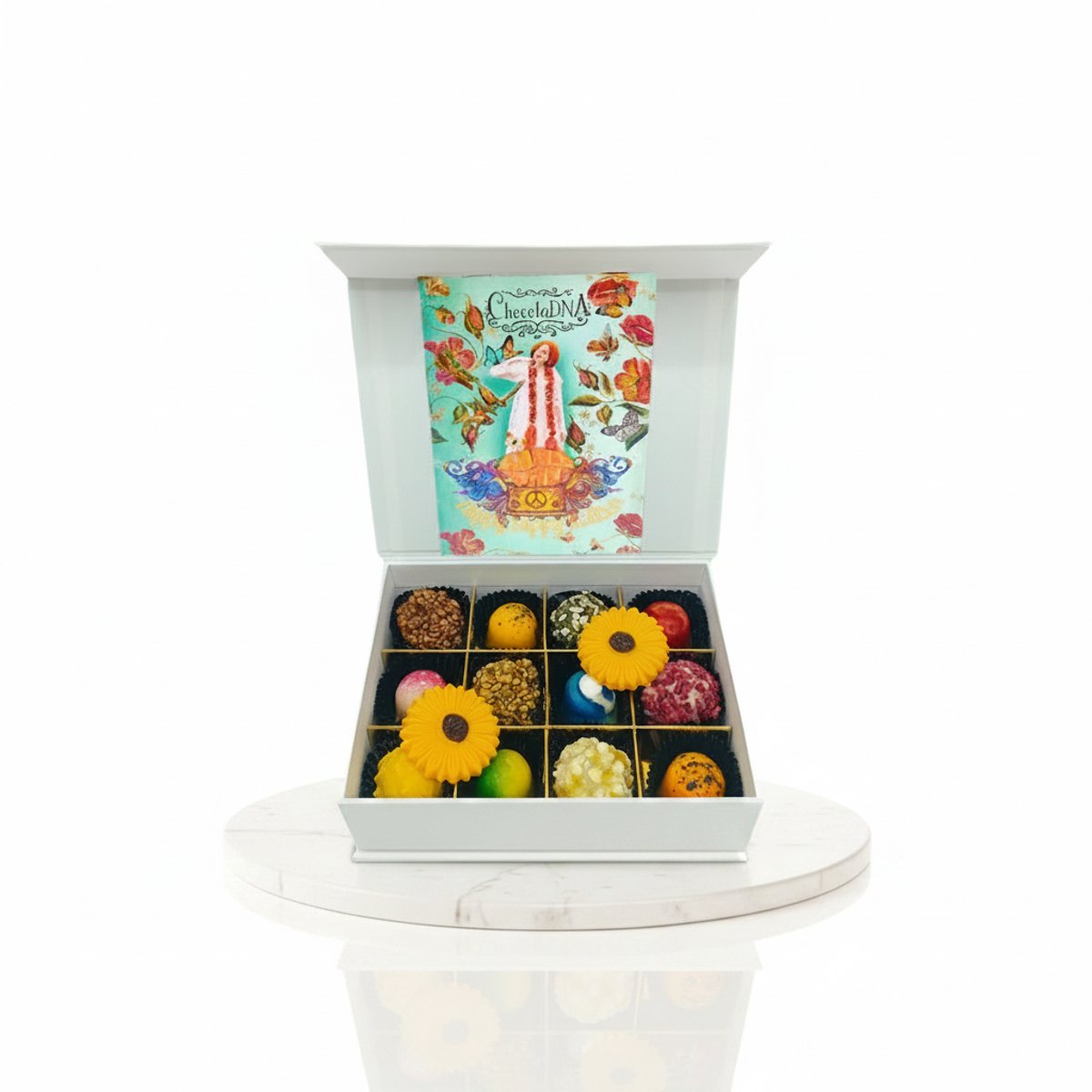 Chocoseum en Chocoladna Luxe chocolade cadeau FLOWER POWER-ChocolaDNA-Mix Klein(12 stuks)_Bonbons_Luxe bonbons_Chocolade cadeau_Geschenkdoos chocolade_Vegan chocolade_Pralines_Truffels_Verjaardag_Moederdag_Vaderdag_Valentijn Bedankt_Vegatarisch