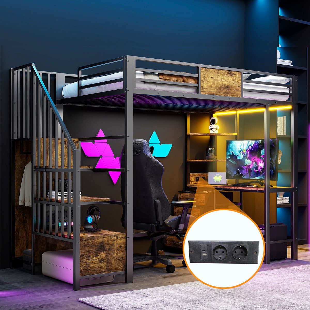 MODFU Hoogslaper - Met Bureau En Opbergvakken - Modern - Ruimtebesparend - Metaal - Zwart - 90 X 200 Cm