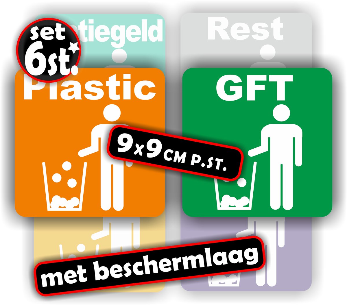 Jerma - Recycling - Sticker - set 6 st - 9 x 9 cm - Vinyl - Zelfklevend - Weerbestendig - Krasvrij