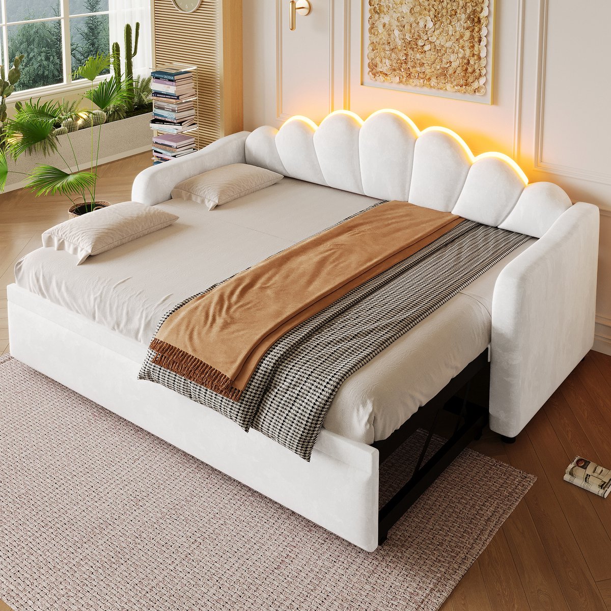 MODFU Dagbed Met Uitschuifbed En Ledverlichting - Strakke Lijnvoering - Voor Slaapkamer - MDF En Fluweel - Wit - 90 x 200 cm