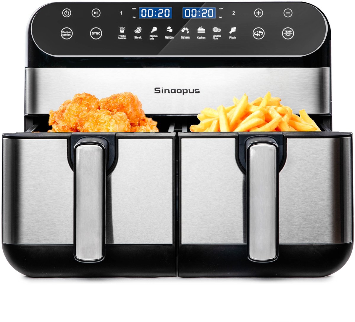 Digitale Airfryer XXL 10L Sinaopus 920 – Heteluchtfriteuse met Dubbele Mand en DualMand Onafhankelijke Snelle Opwarming – Voor Gezinnen – 8 Programma’s – LED Touchscreen – Kijkvenster – Makkelijk te Reinigen – Capaciteit voor 7 Personen