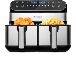 Digitale Airfryer XXL 10L Sinaopus 920 – Heteluchtfriteuse met Dubbele Mand en DualMand Onafhankelijke Snelle Opwarming – Voor Gezinnen – 8 Programma’s – LED Touchscreen – Kijkvenster – Makkelijk te Reinigen – Capaciteit voor 7 Personen