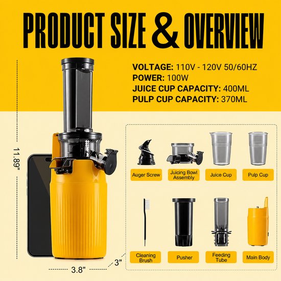 Sapcentrifuge - Koudpers Slowjuicer - Elektrische Vruchtenpers voor Groente en Fruit - Compact Keukenapparaat - BPA Vrij Polycarbonaat - Geel - 35,9 x 15 x 15,2 cm - Geschikt voor Dagelijks Gebruik - Met Dubbel Filter en Anti Drupsysteem — afbeelding 5