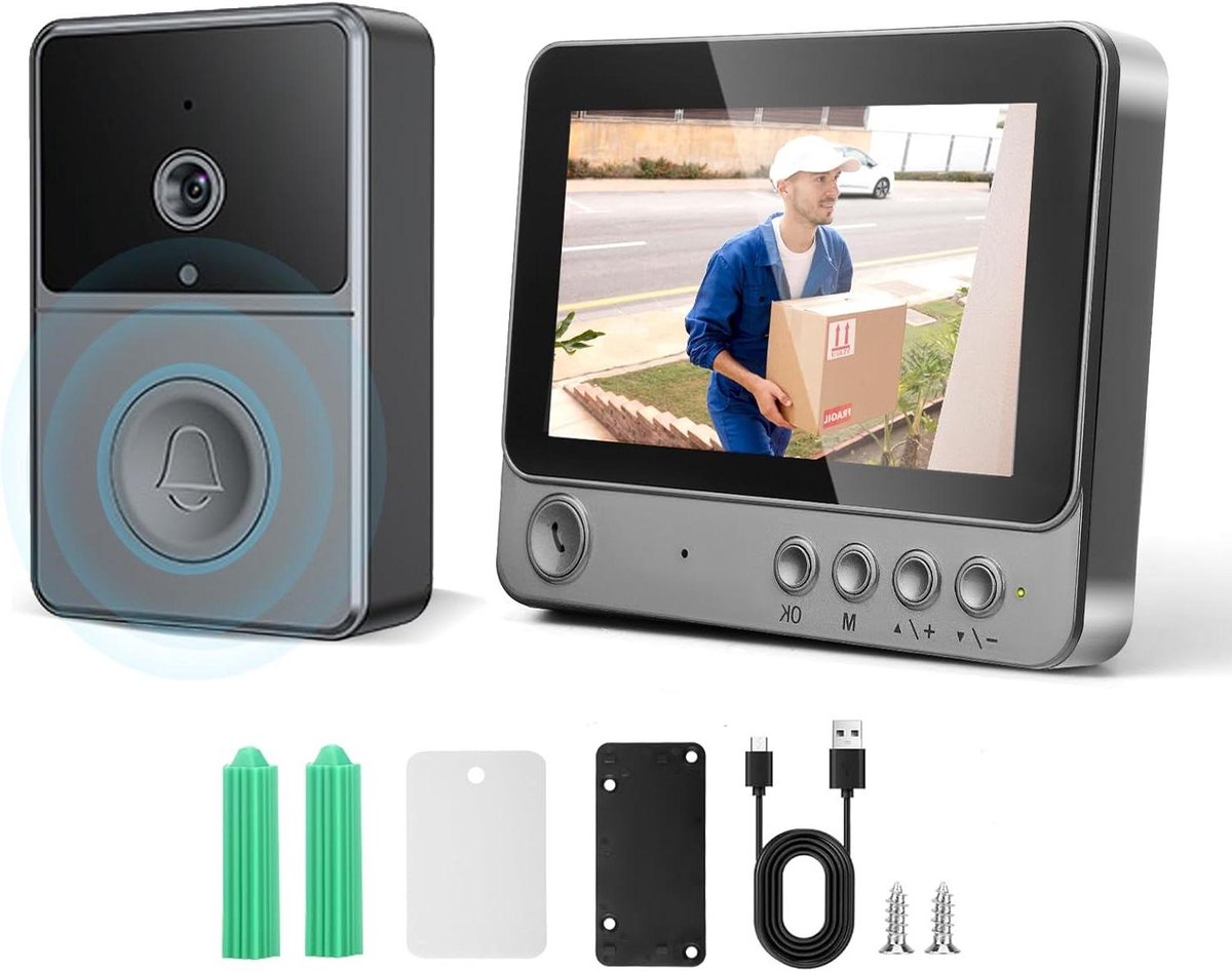 Videodeurbel met camera - Draadloze deurbel - Beveiliging thuis - IP65 waterdicht - 4.3 inch scherm - Grijs