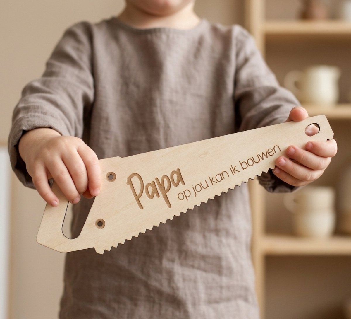 Vaderdagcadeau voor papa – Houten zaag met tekst ‘Papa, op jou kan ik bouwen’
