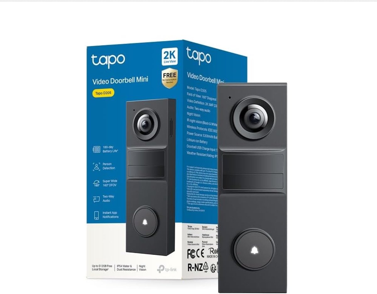Video Door Intercom 2K 3MP zonder Abonnement - 160° Gezichtsveld, AI Detectie, IP54, Lange Batterijduur, Snelladen, USB-C, Zonnepaneel Compatibel