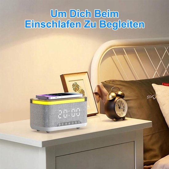 Bluetooth-luidspreker, digitale radio-wekker met oplaadstation, 15W snellader, Bluetooth-luidspreker, LED-verlichting, USB-oplader, FM-radio — afbeelding 3