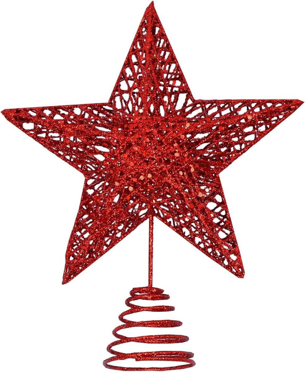 Kerstboom Ster - Boomversiering Top - Feestelijke Decoratie - Gedetailleerd Hol Ontwerp - 15 x 20 cm - Rood