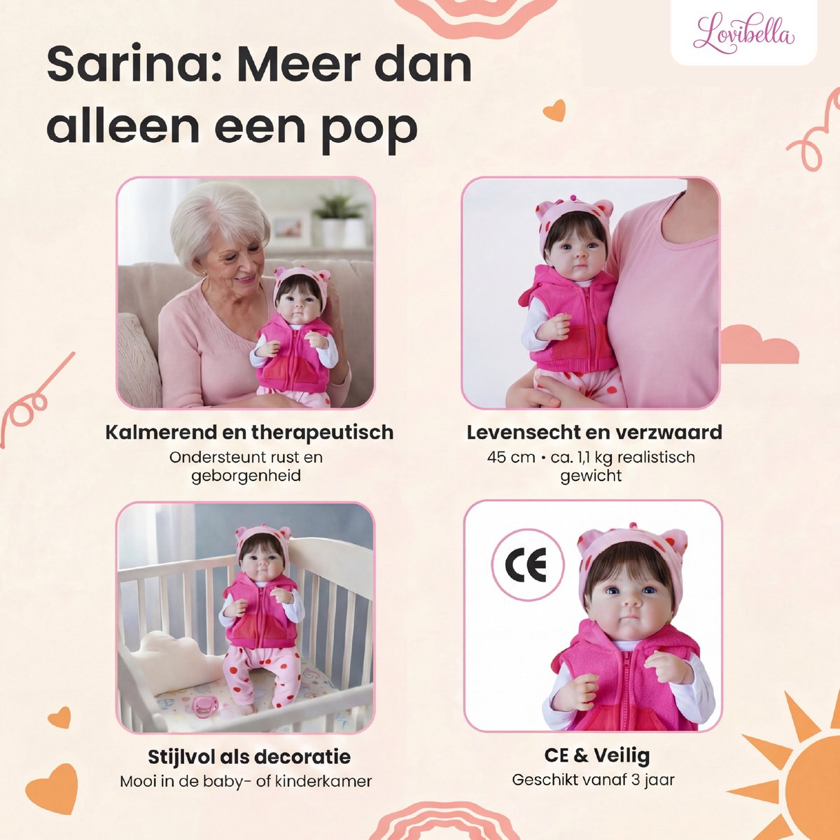 Lovibella® Sarina Levensechte Babypoppen - 1,1 Kilo - 45 CM - Reborn Baby Pop - Met Accessoires - Reborn Baby - Reborn Baby Doll - Dementie Pop - Reborn Poppen Meisje — afbeelding 2