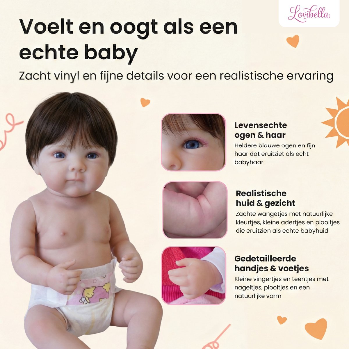 Lovibella® Sarina Levensechte Babypoppen - 1,1 Kilo - 45 CM - Reborn Baby Pop - Met Accessoires - Reborn Baby - Reborn Baby Doll - Dementie Pop - Reborn Poppen Meisje — afbeelding 3