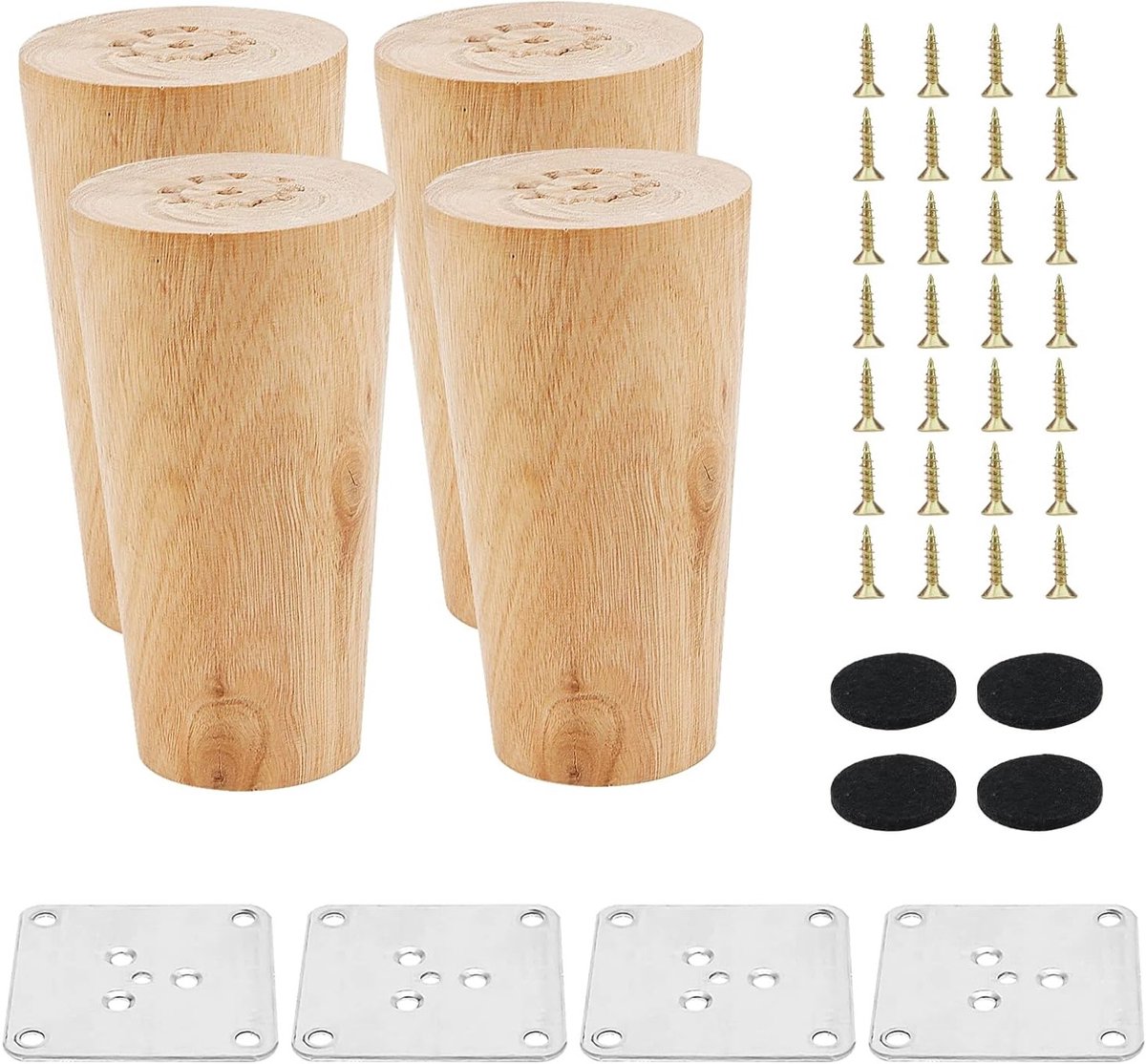 Set van 4 Houten Meubelpoten van 10 cm met Montageplaat, Schroeven en Antislip Matten voor Dressoirs en Banken
