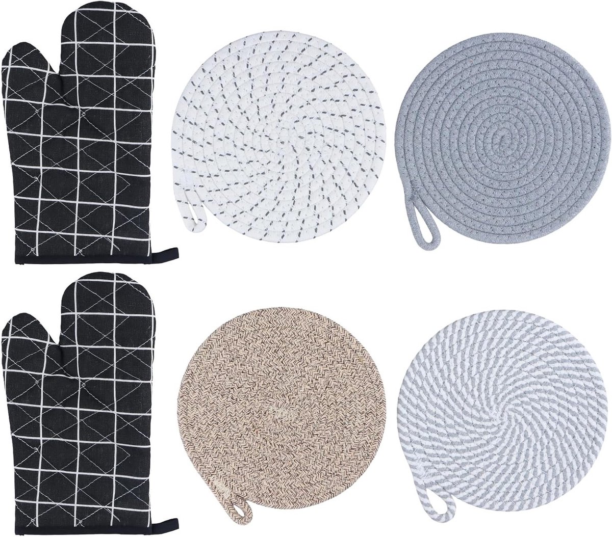 Set van 4 Hittebestendige Pannenonderzetters van 20 cm en 1 Paar Ovenwanten - Ronde Onderzetters, Katoenen Potbeschermers voor Veilig Koken en Makkelijk Ophangen