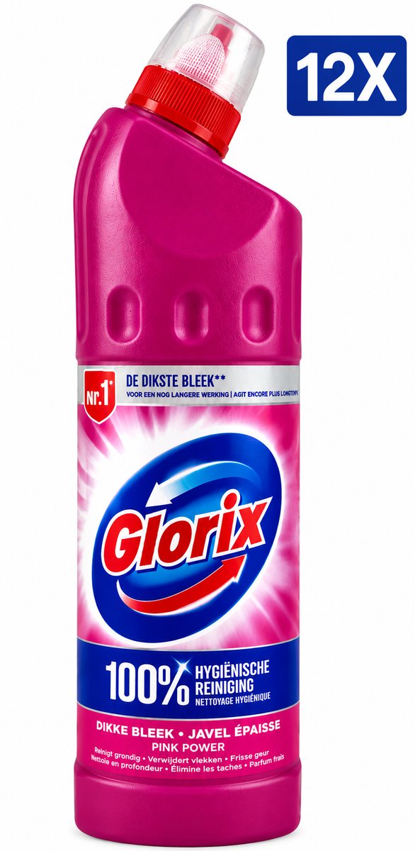 Glorix WC Powergel Pink Flower 750 ml - Set van 12 Flessen (9 L Totaal) - Toiletreiniger met Anti-Kalk Werking - Werkt ook Onder Water - Frisse Bloemengeur - Voordeelverpakking