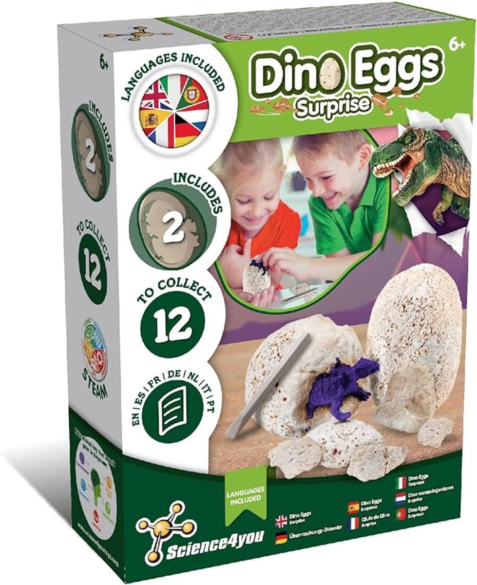 Science4you Starter Kit Dinos Eieren - Archeologiespel, Opgravingsset met 2 dinosaurus-eieren, Paleontologiespel met kleine dinosaurussen