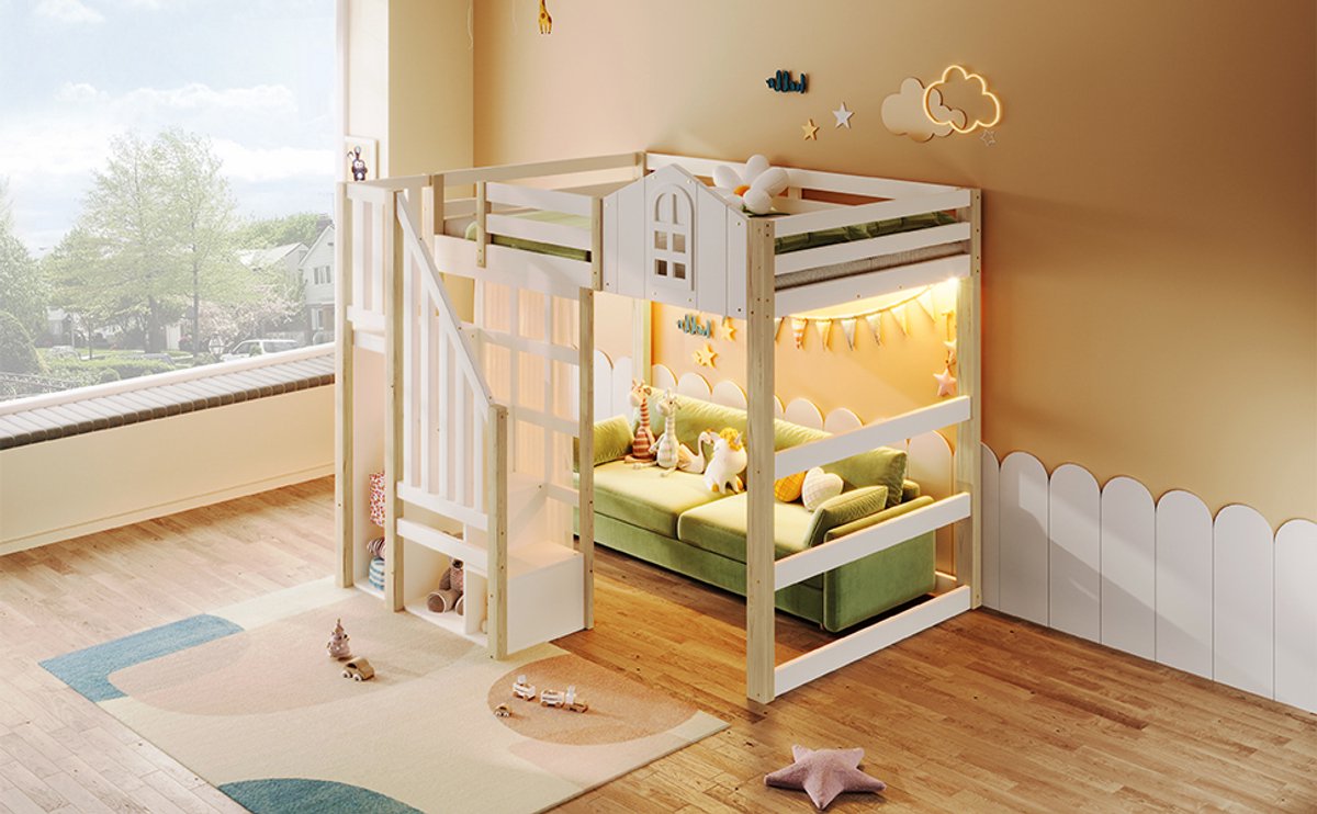 Hoogslaper 140x200 Bed Met LED - Kinderbed Hoogslaper Hout - Wit Naturel Bedframe Met Opbergladder En Raam Design