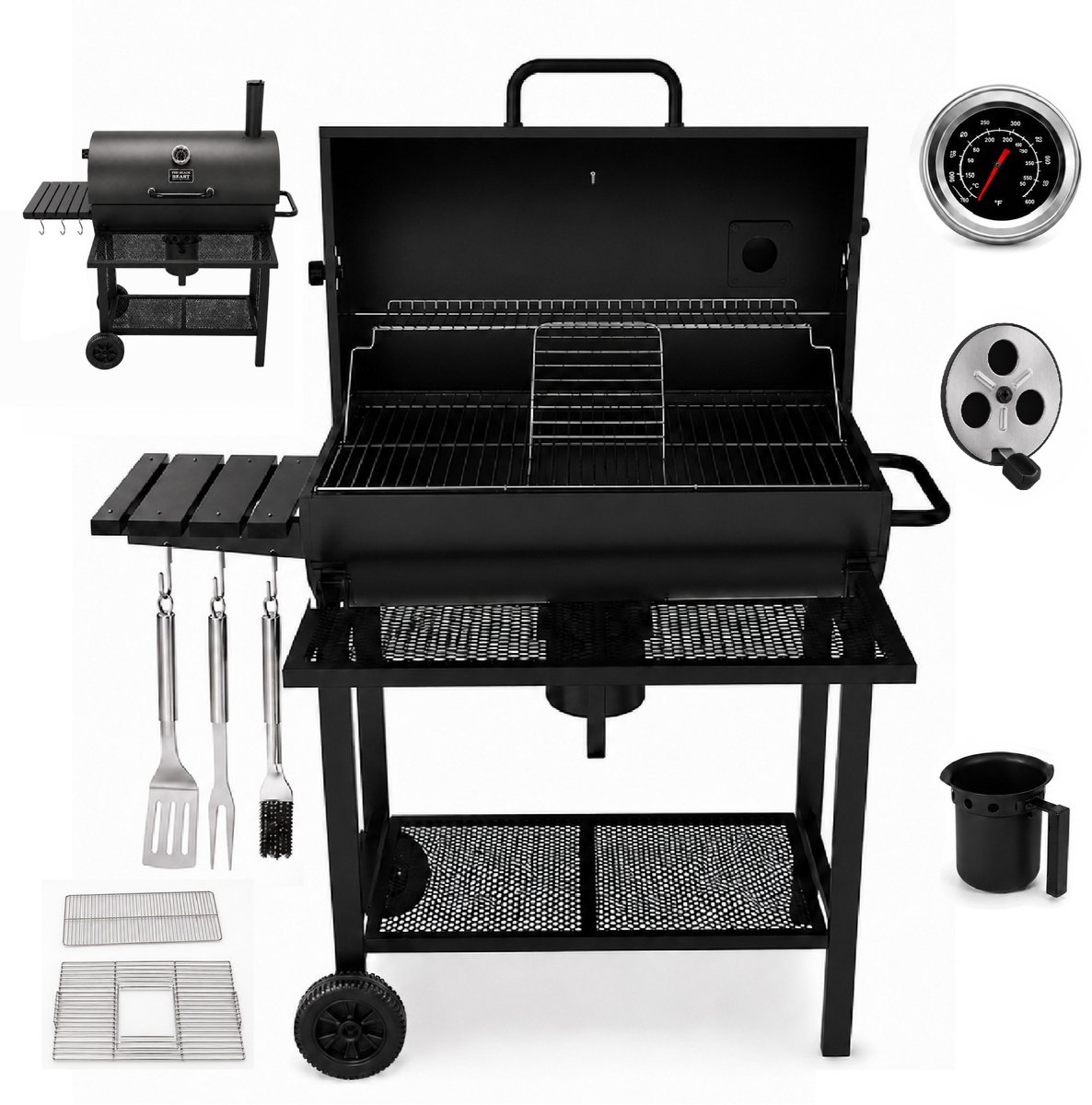 Houtskool BBQ - Smoker Barbecue XL - BBQ met Wielen - 70x37cm Grilloppervlak - Zijpanelen - Zwart – foto 4