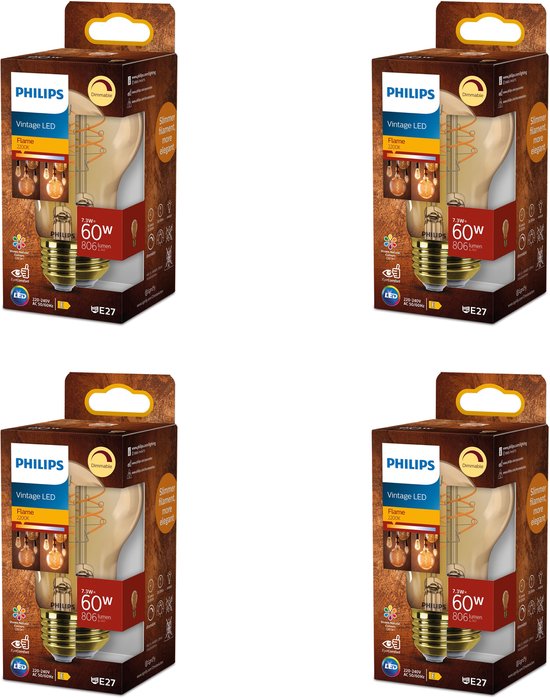 Emballage de quatre ampoules LED Philips E27 Vintage, 60W, avec verre ambré et filament visible.
