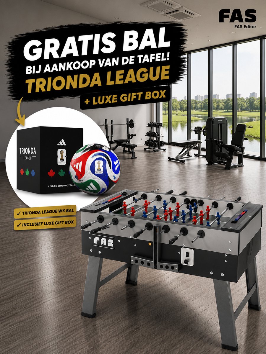 FAS Pendezza® San Siro 2 - Voetbaltafel voor indoor - Voetbaltafel voor volwassenen - Speeltafel - Tafelvoetbal - Doorlopende stangen - Tafelvoetbalspel - Voetbaltafel voor bedrijven en kantoren - Speeltafel met glasplaat bovenop - Gemaakt in Italie