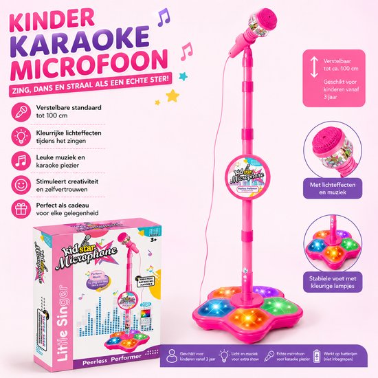Roze kinder karaoke microfoon op een verstelbare standaard met lichteffecten en muziek. Inclusief een stabiele voet met kleurige lampjes.