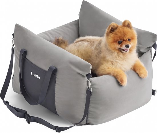 Siège auto gris pour chien avec logo Livista, avec un mignon chien brun à l'intérieur.