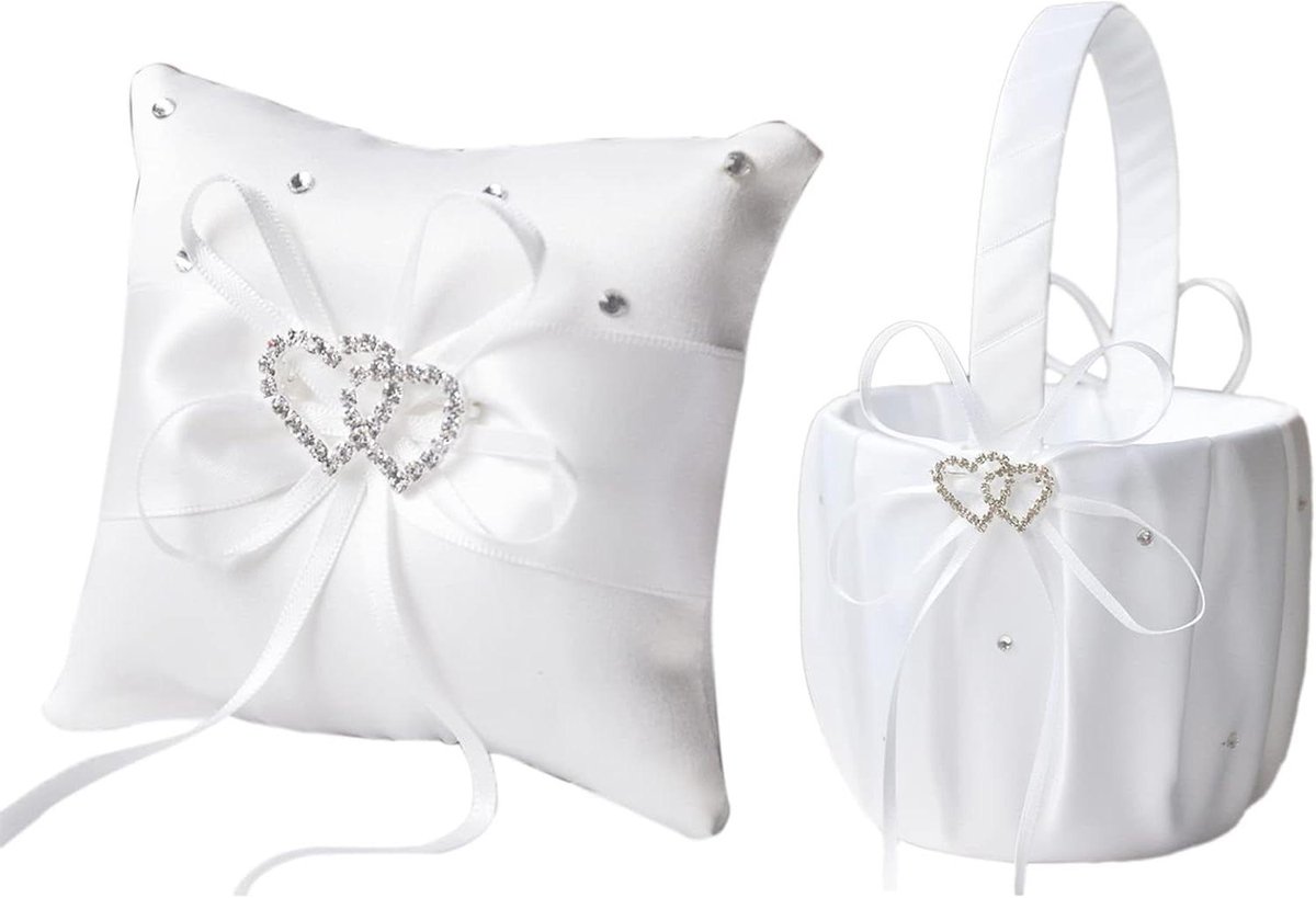 Bruiloft Set - Bloemenmand Ringkussen - Ceremonie Aankleding - Versierd Met Hartjes - 22x13cm & 20x20cm - Wit