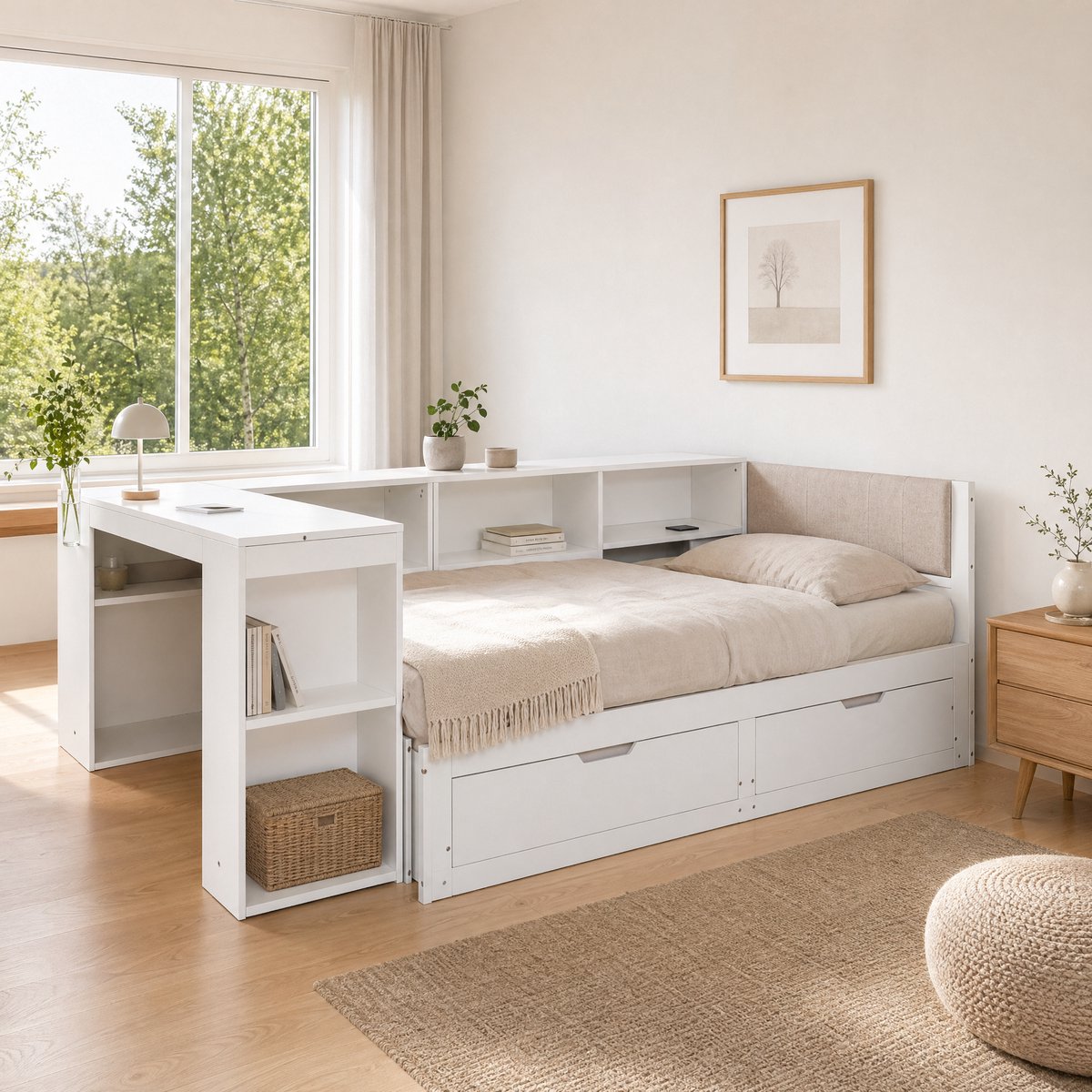Uitschuifbaar Bed 90x200 Cm - Bed Met Bureau En Opberglades - Wit Kinderbed Met USB Stopcontact En Lattenbodem