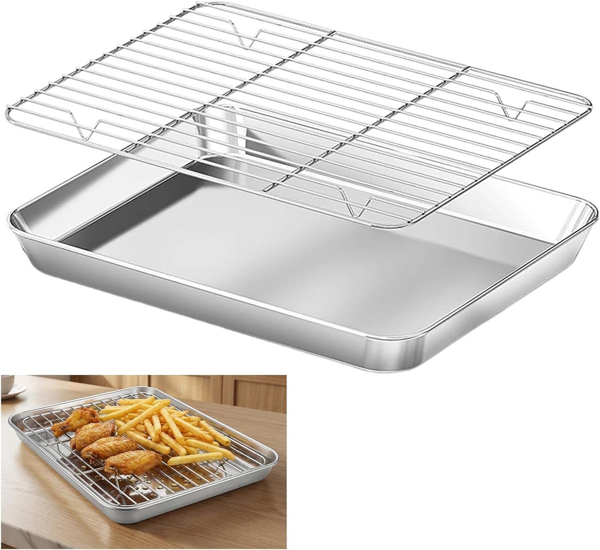 Klein RVS Bakblik met Koelrooster, Rectangulaire Bakvorm voor Taarten en Gerechten, 26.5 x 20.5 x 2.5 cm, Geschikt voor Bakken, Roosteren en Serveren, Vaatwasserbestendig