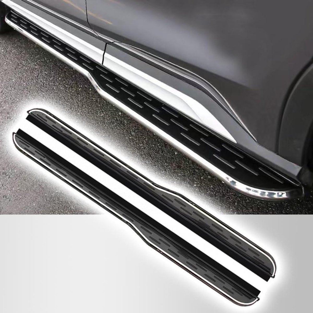 Zijstep Aluminium - Treeplank Auto - Gemakkelijk Instappen - Roestvrij Stalen Frame - 2 stuks - Zilver Zwart