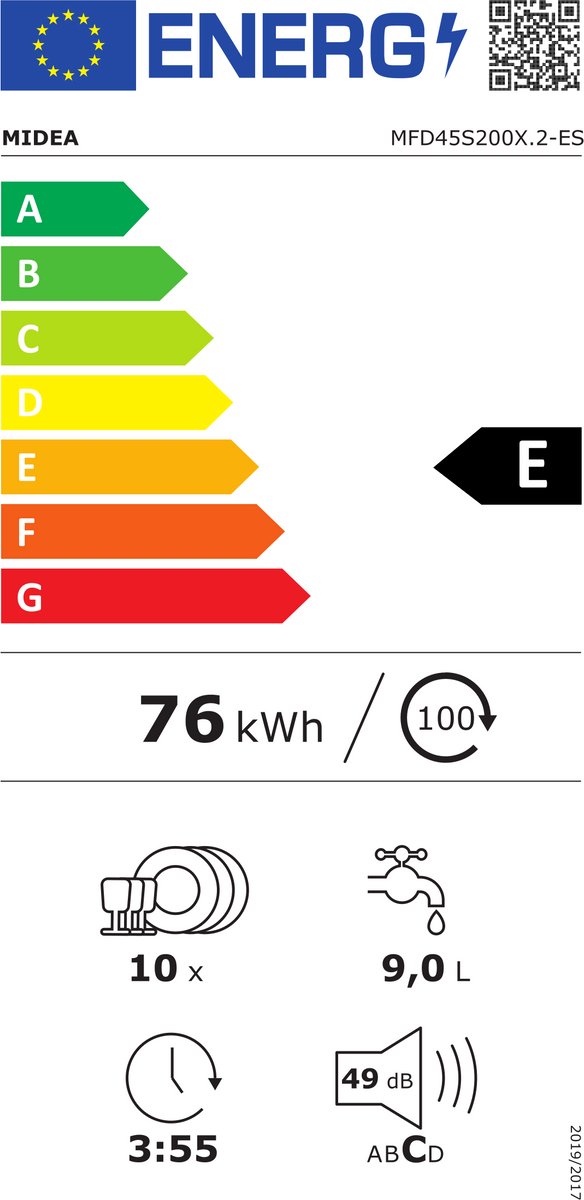 Midea MFD45S200X.2-ES - Vrijstaande Vaatwasser - RVS - E label - 49 dB - 9 l Waterverbruik (per cyclus, gebaseerd op het ecoprogramma) - 10 couverts thumbnail 2
