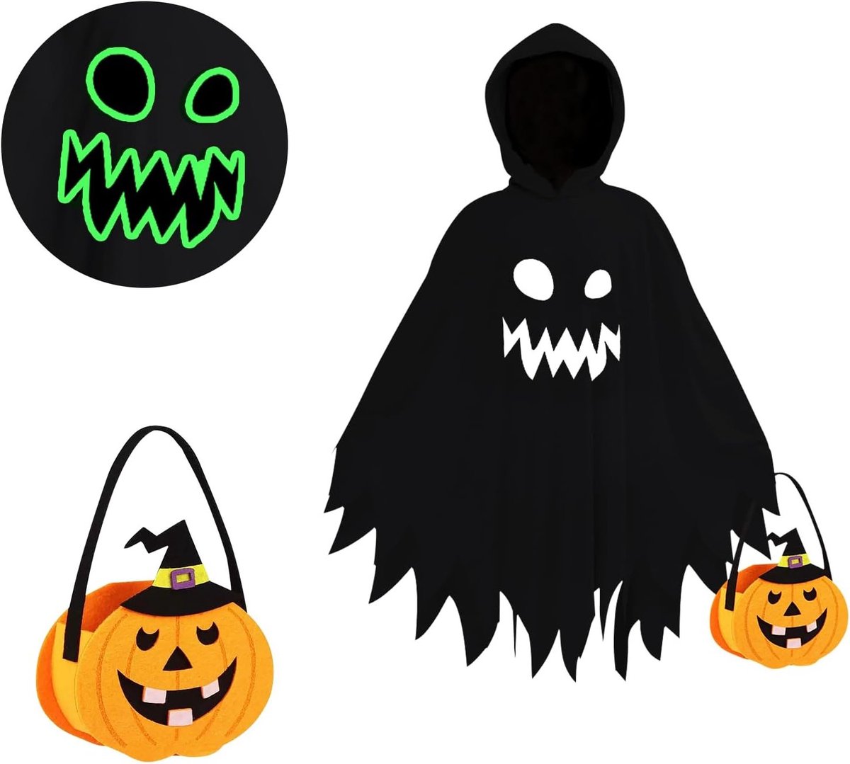 Unisex Zwart Spook Kostuum voor Kinderen met Verlichting, Halloween Cape en Pompoentas voor Feestjes en Carnavalsactiviteiten