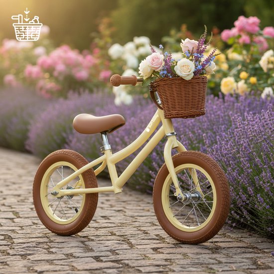Gele loopfiets met bruine mand en zadel, in een tuin met roze en lavendelbloemen.