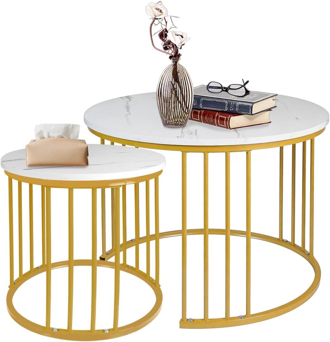 Set salontafels - Bijzettafels rond - Woonkamer inrichten - Stapelbaar design - 70 en 50 cm - Wit marmer goud
