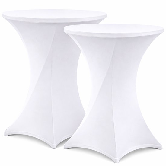 Twee witte statafelhoezen op een witte achtergrond.